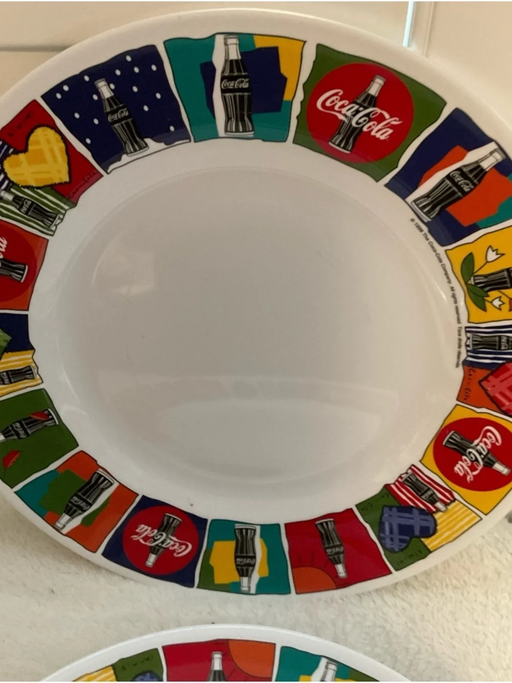 Coca-Cola White Ceramic Bowls with Red Heart and Yellow, Green Accents